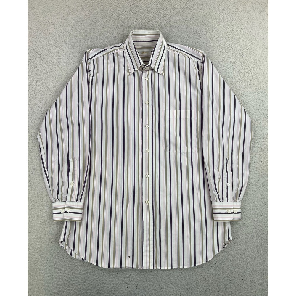 Brioni Dress Shirt Mens Large White Stripe Classic Fit Cotton Made In Italy LS